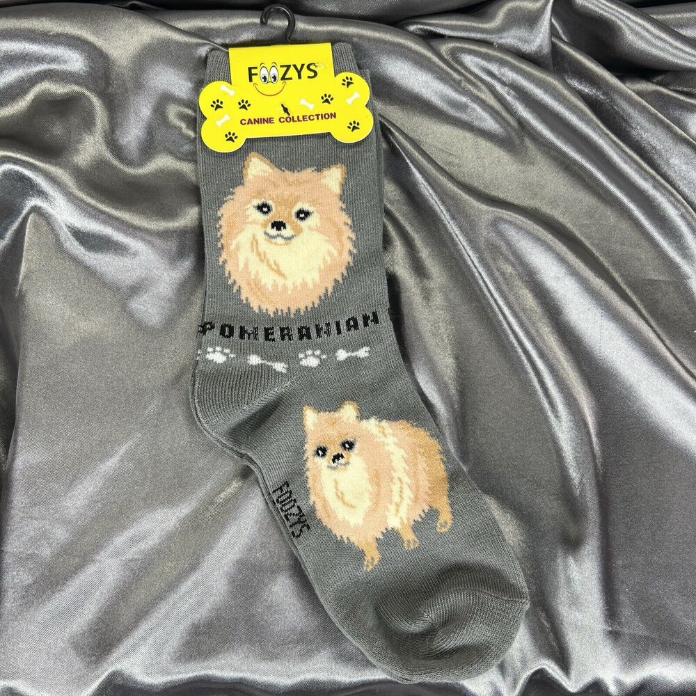 Foozys Canine‎ Gray Pomeranian Print Crew Length Socks Women Sizes 9-11 NWT